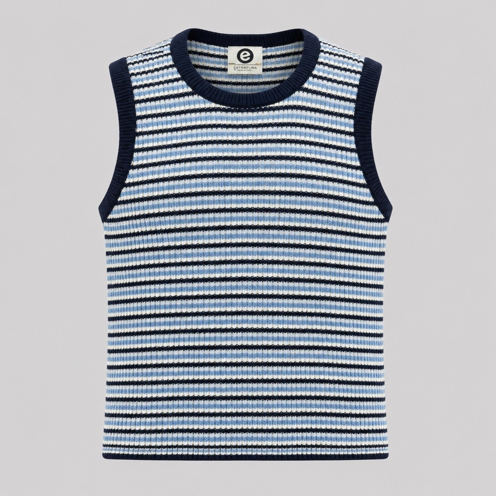 Vintage Ellemenno Womens M Blue Striped Knit Tank‎ Top Y2K Cotton Sleeveless